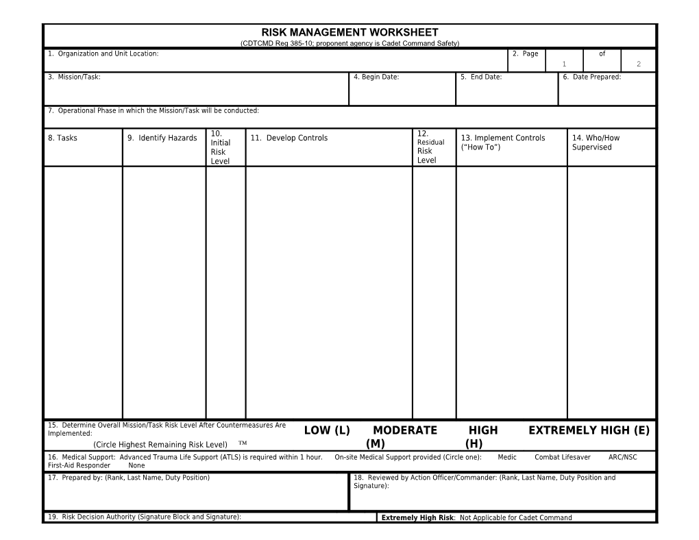 Risk Mgmt Worksheet - CDTCMD Form 385-1