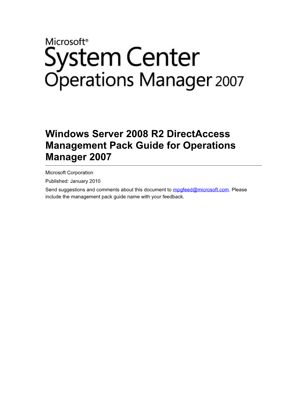 Windows Server 2008 R2 Directaccess Management Pack Guide for Operations Manager 2007