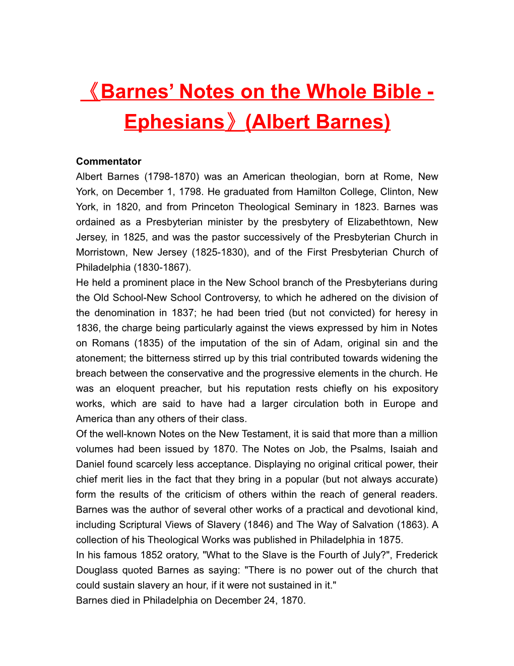 Barnes Notes on the Whole Bible - Ephesians (Albert Barnes)
