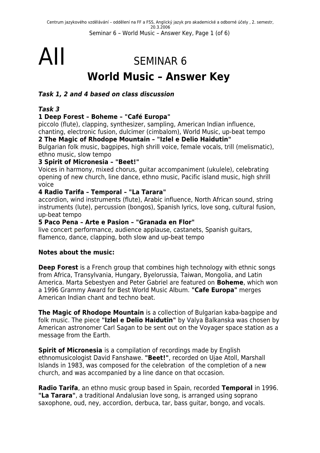 Seminar 6 World Music Answer Key, Page 1 (Of 5)