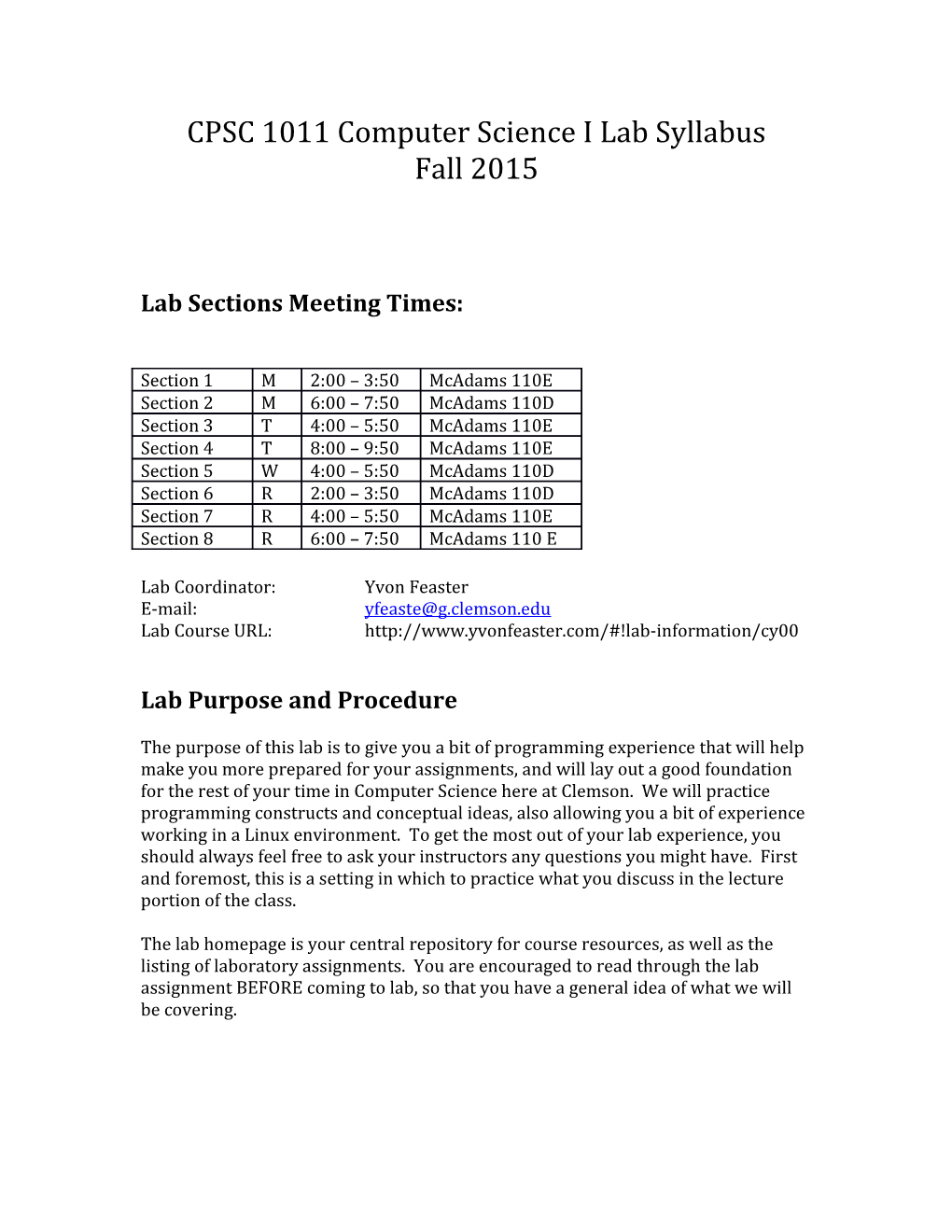 Lab Sections Meeting Times