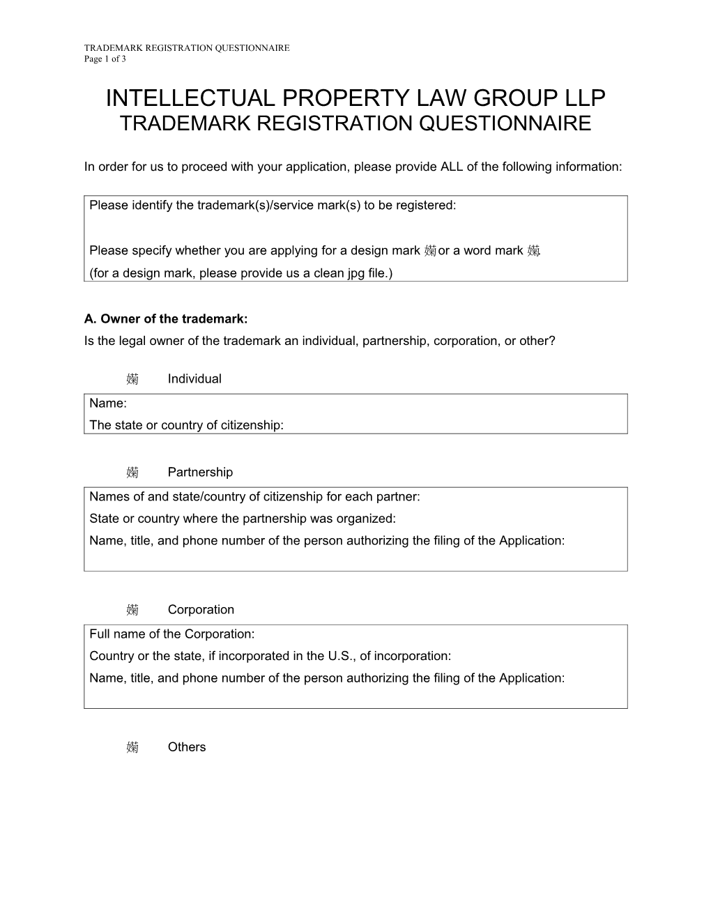 Trademark Registration Questionnaire