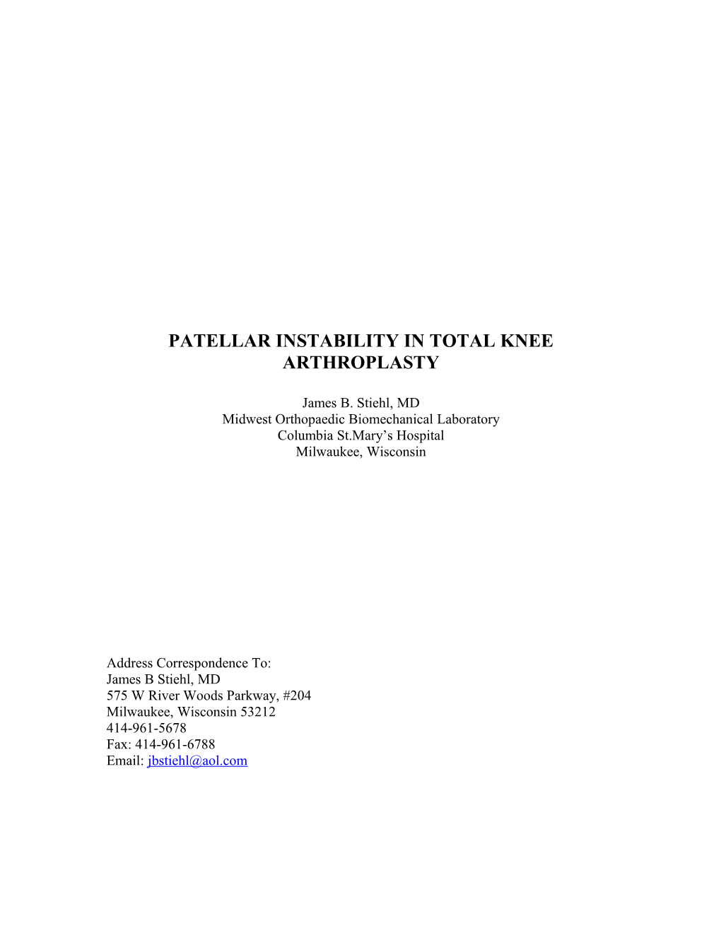 Patellar Instability in Total Knee Arthroplasty