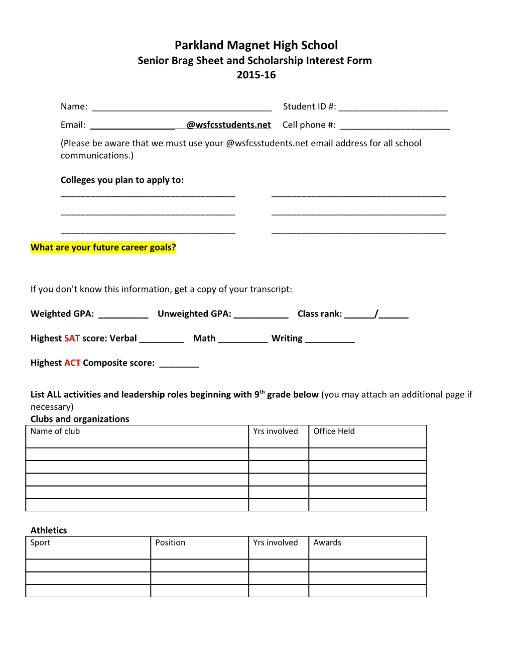 Senior Brag Sheet and Scholarship Interest Form
