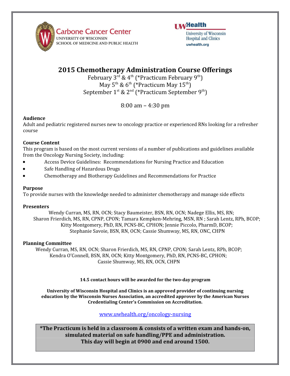 2015 Chemotherapy Administration Course Offerings