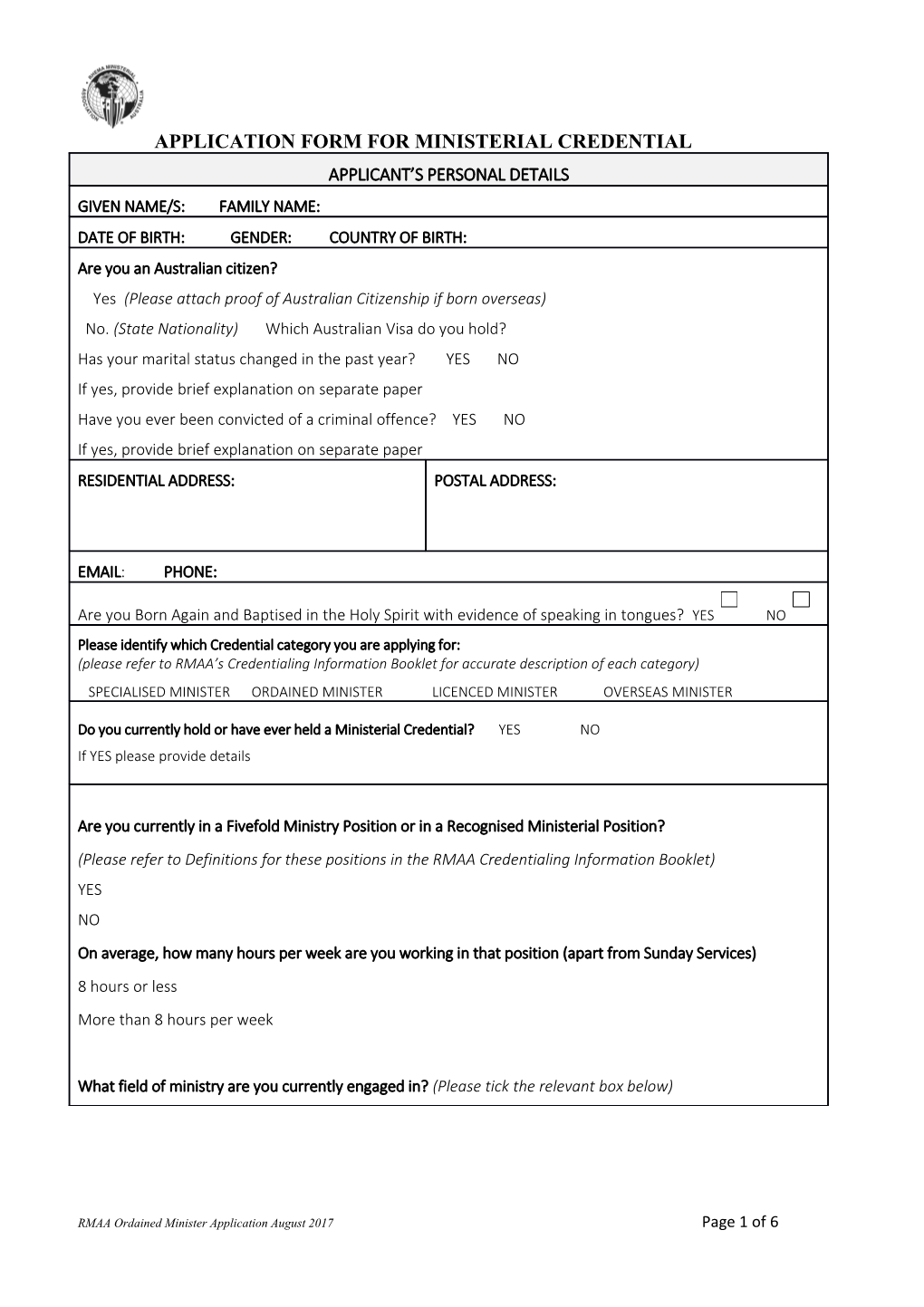 Application Form for Ministerial Credential