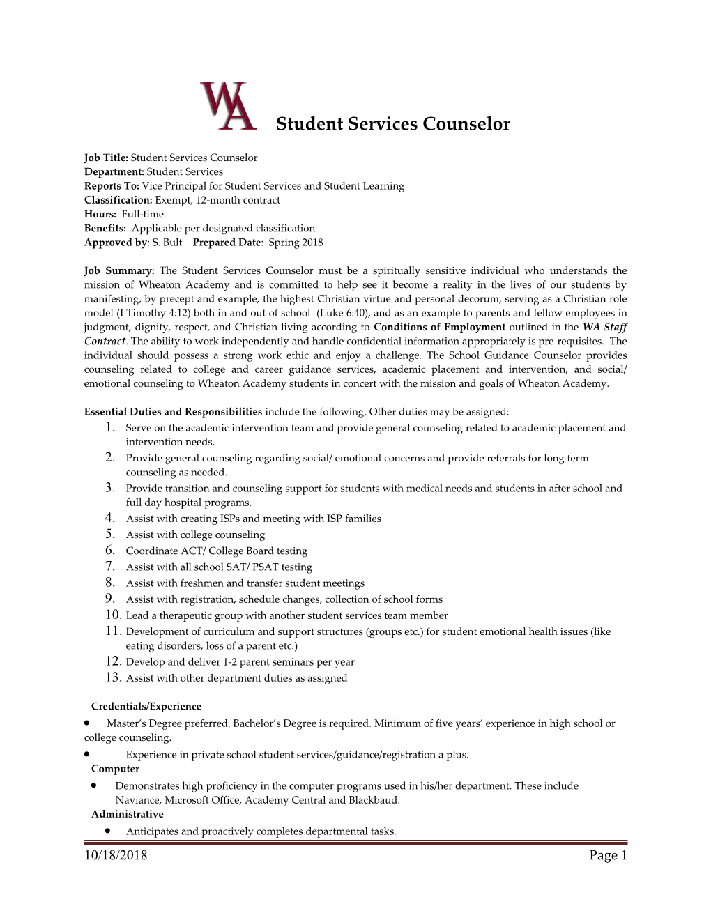 Job Title: Student Services Counselor