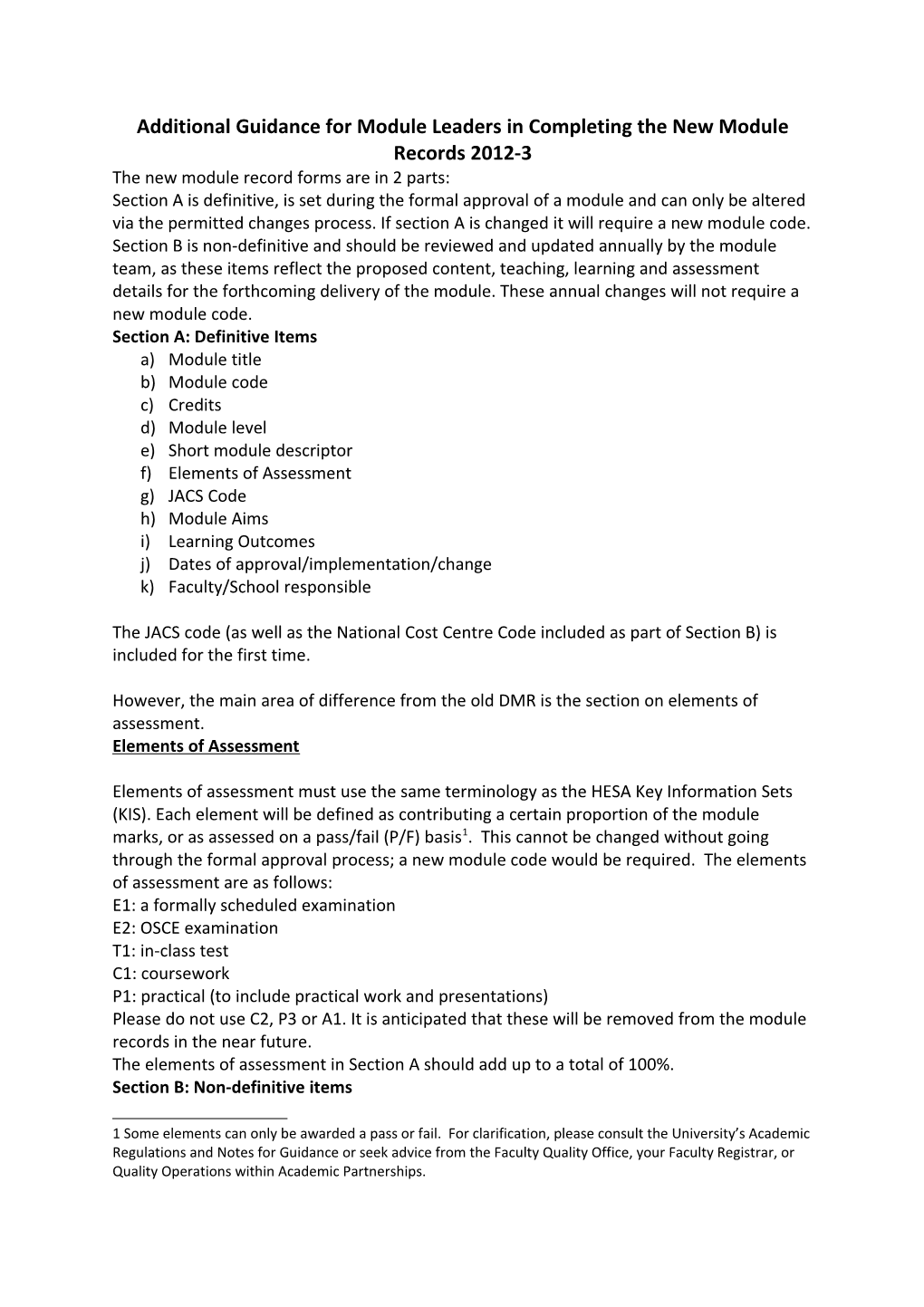Additional Guidance for Module Leaders in Completing the New Module Records 2012-3