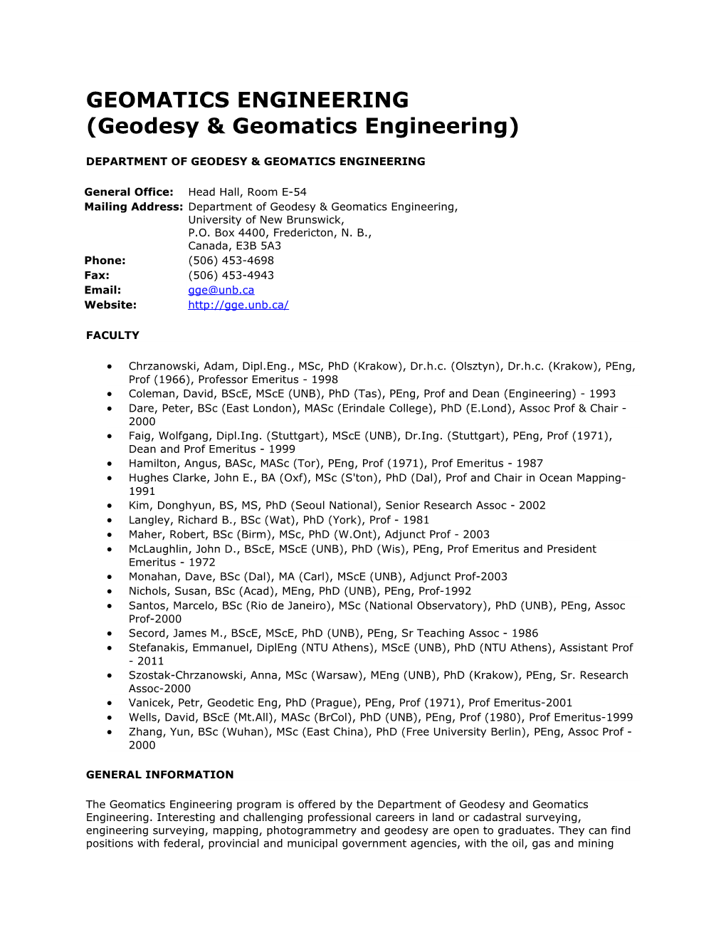 Department of Geodesy & Geomatics Engineering