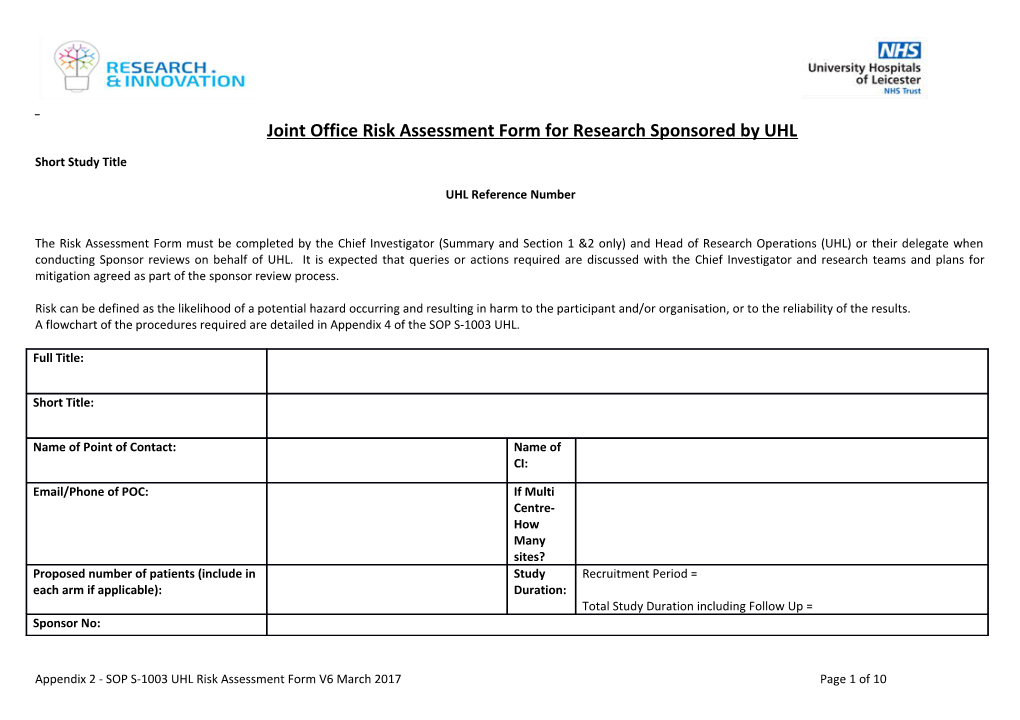 Joint Office Risk Assessment Form for Research Sponsored by UHL