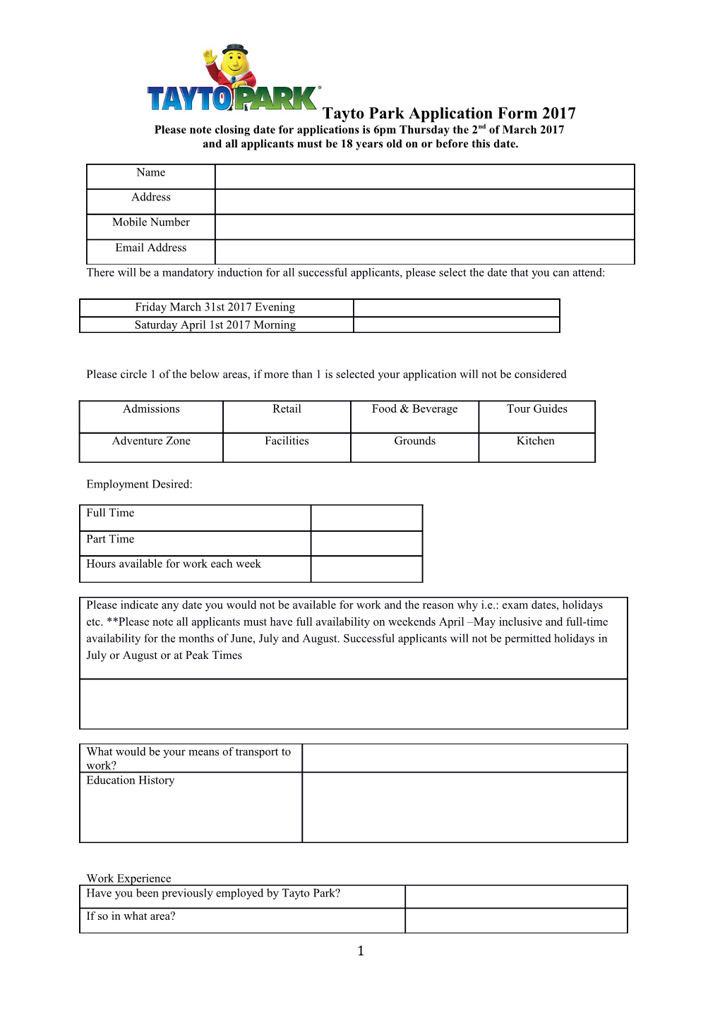 Tayto Park Application Form 2017