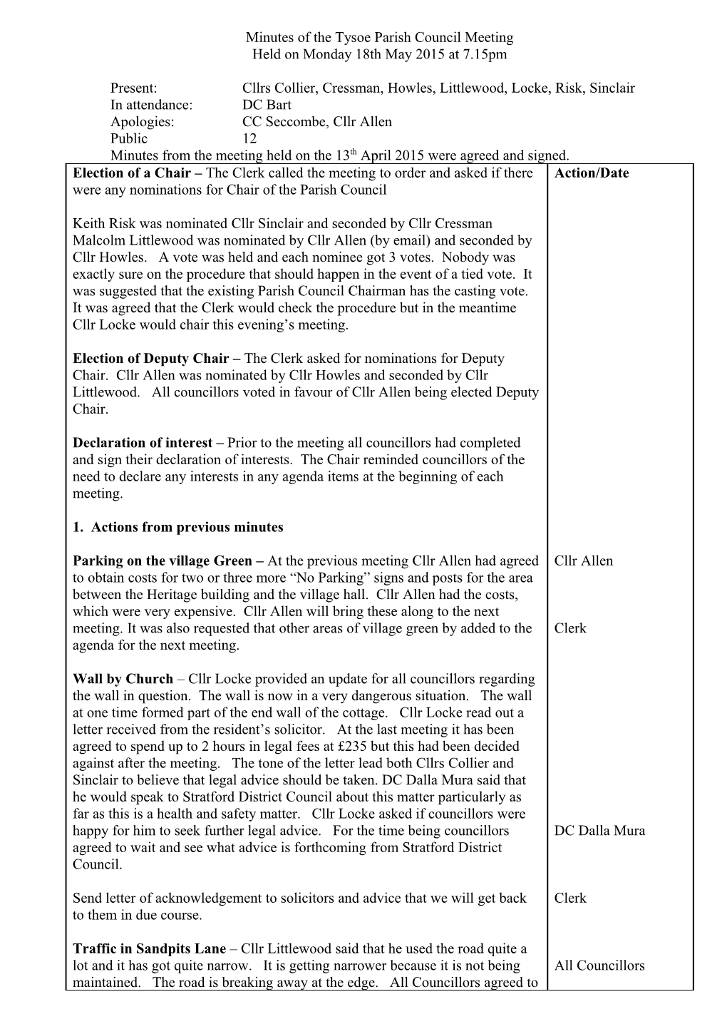 Minutes of the Tysoe Parish Council Meeting