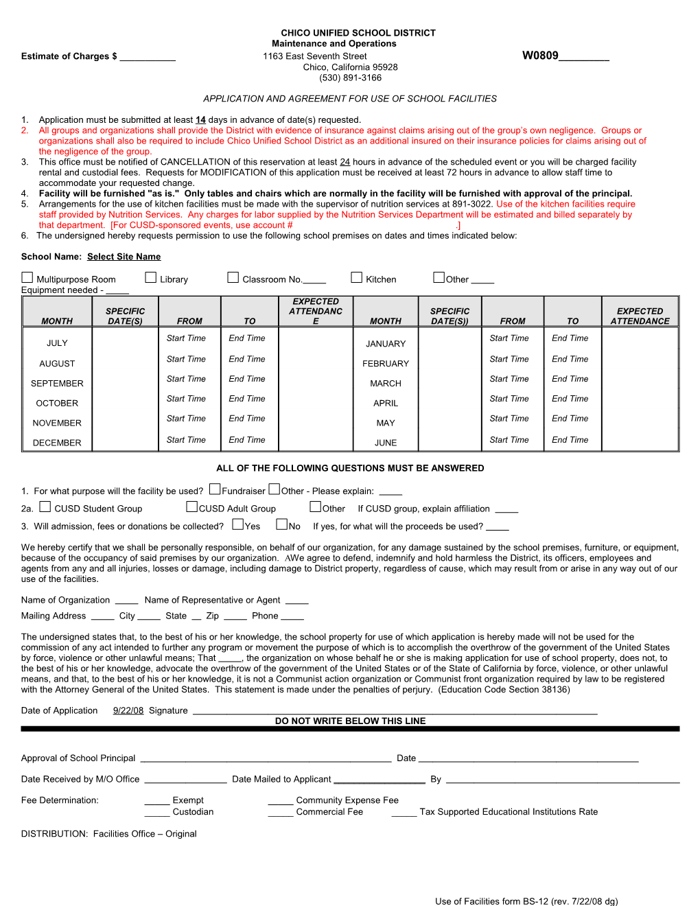 Use of Facilities Form