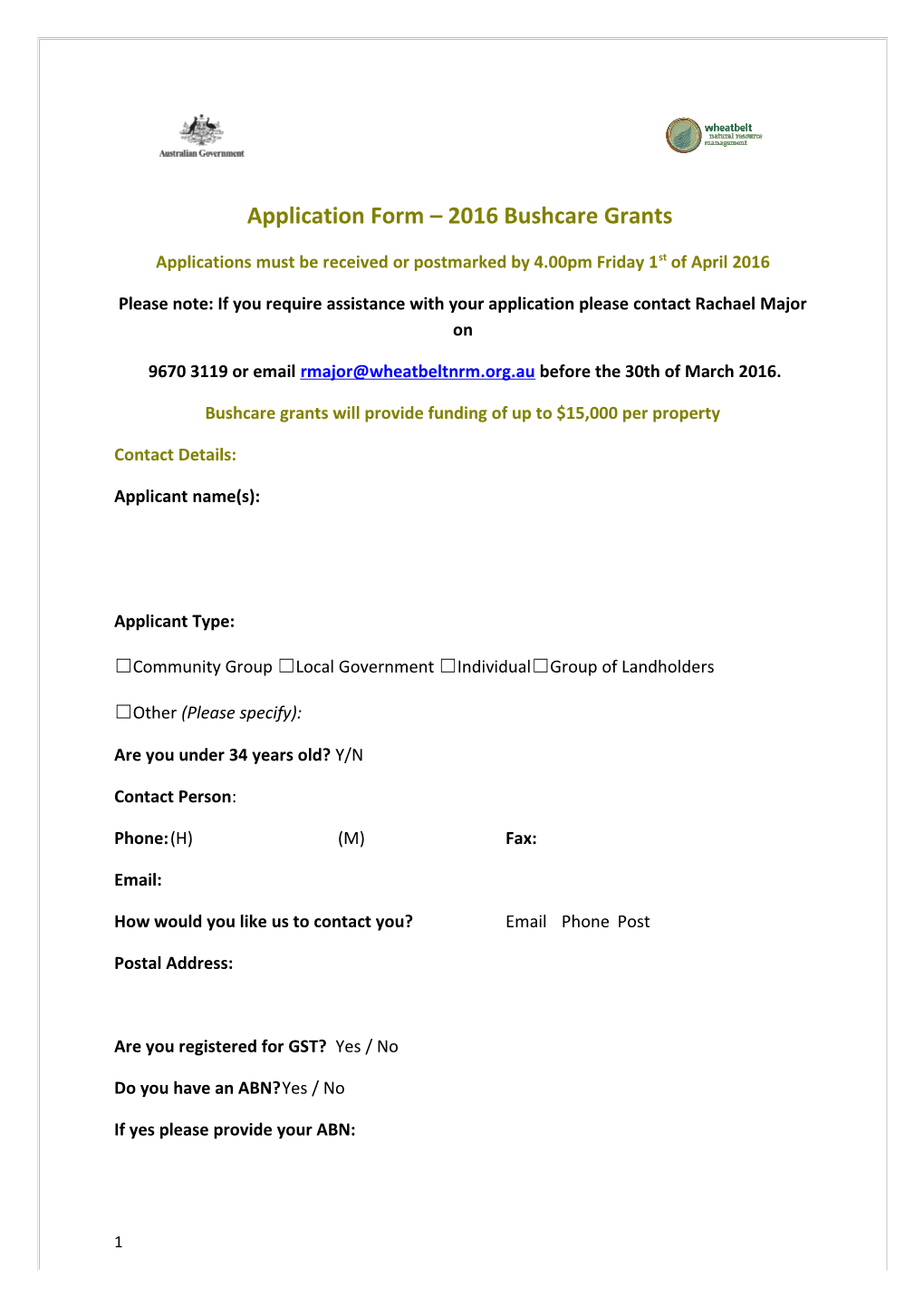 Application Form 2016Bushcare Grants