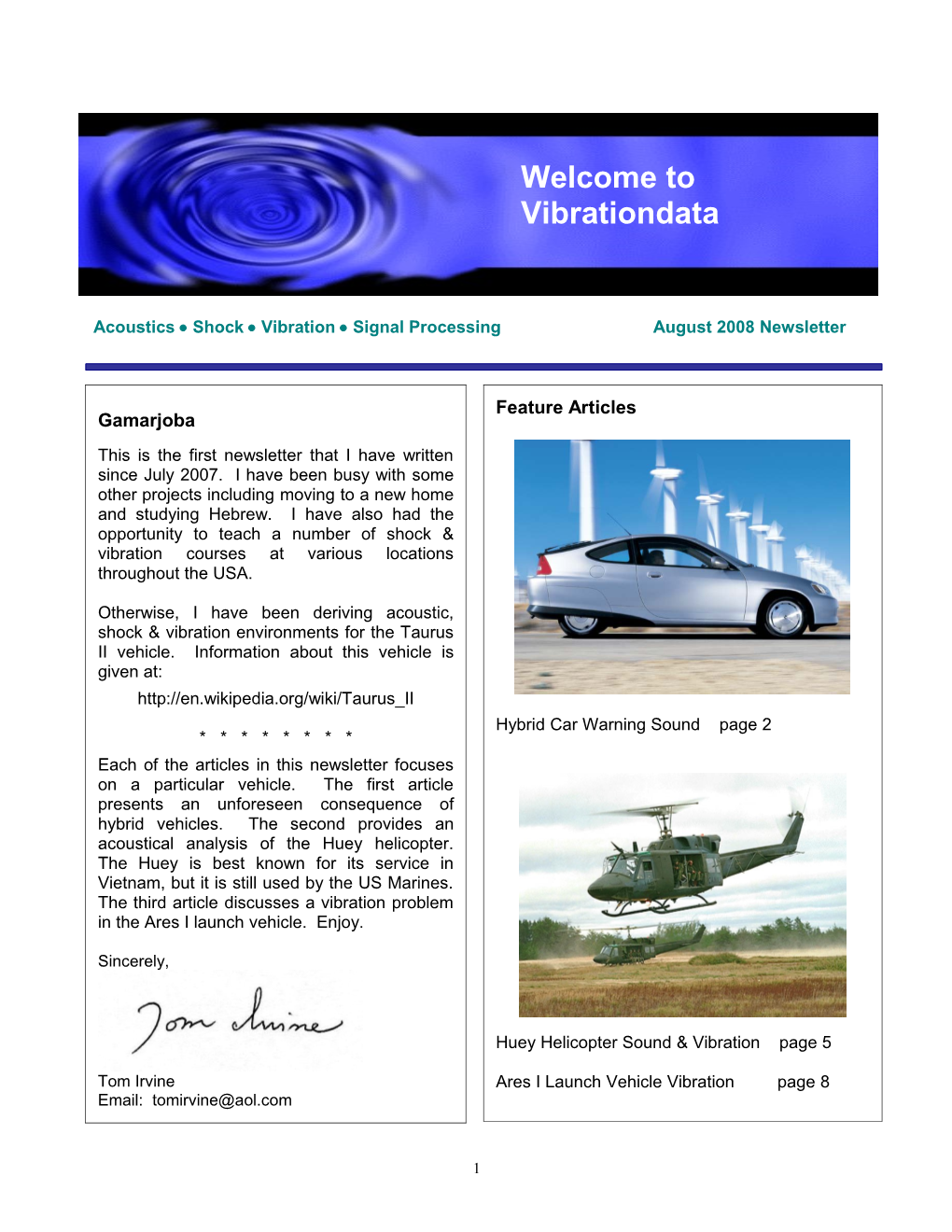 Acoustics Shock Vibration Signal Processing August 2008 Newsletter