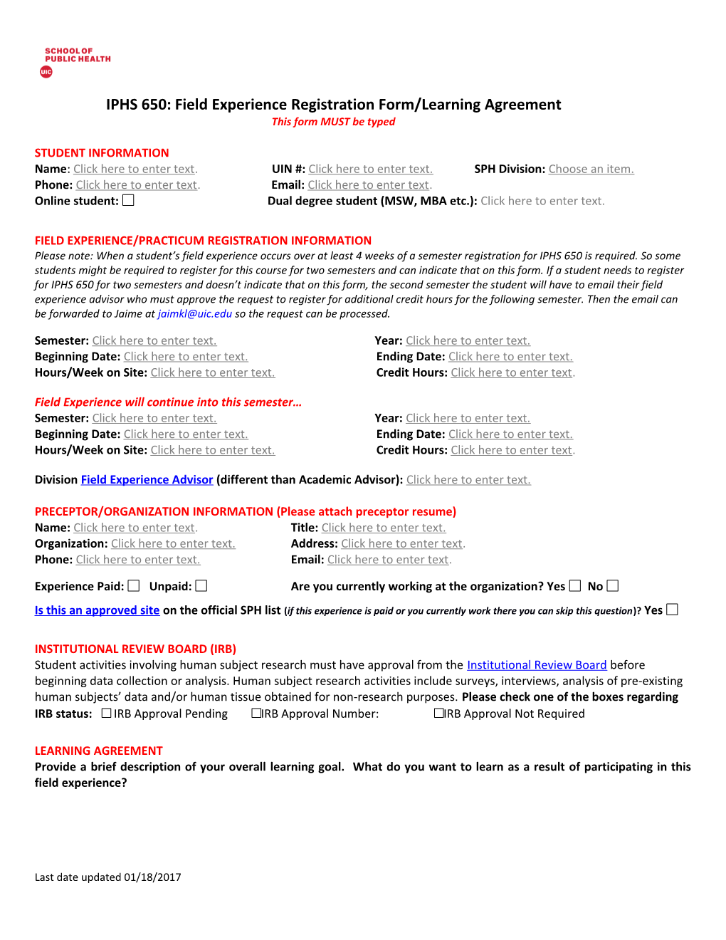 IPHS 650: Field Experienceregistration Form/Learning Agreement