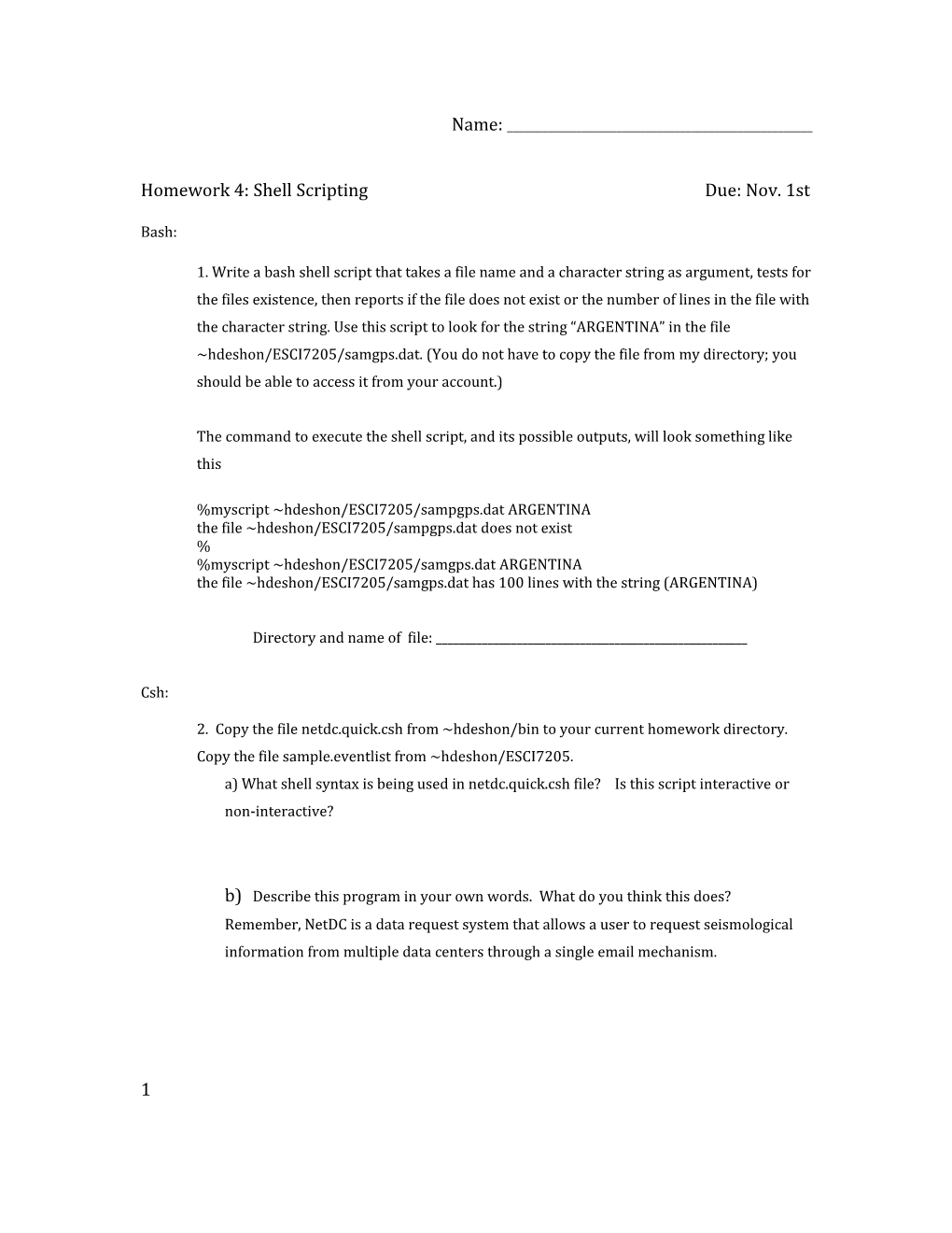 Homework4: Shell Scripting Due: Nov. 1St