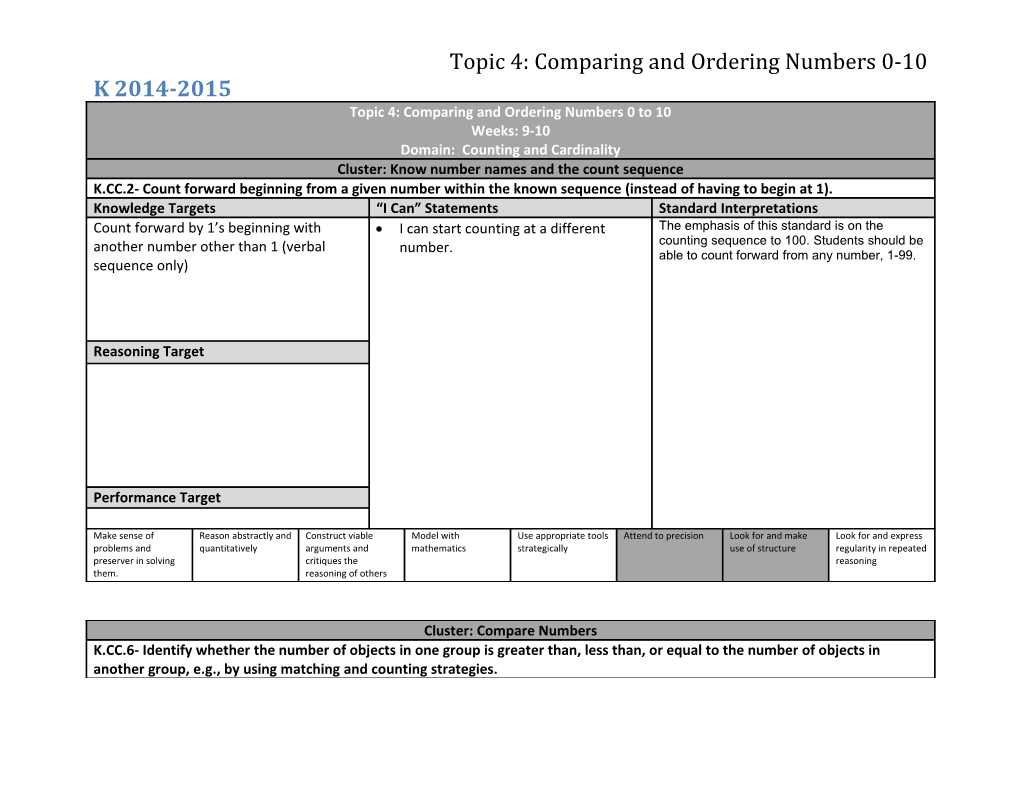 Topic 4: Comparing and Ordering Numbers 0-10