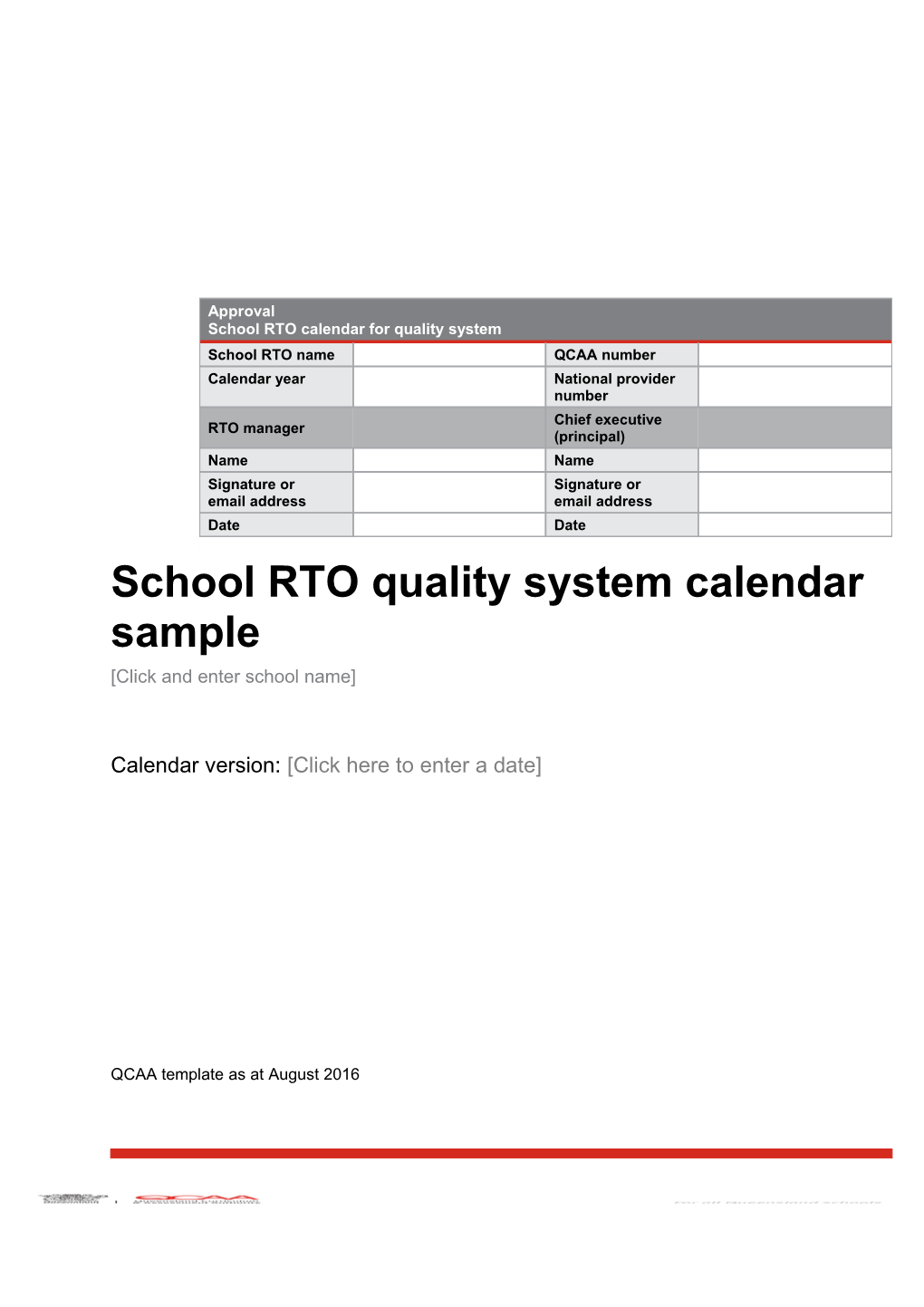 VET School RTO Quality System Calendar Sample
