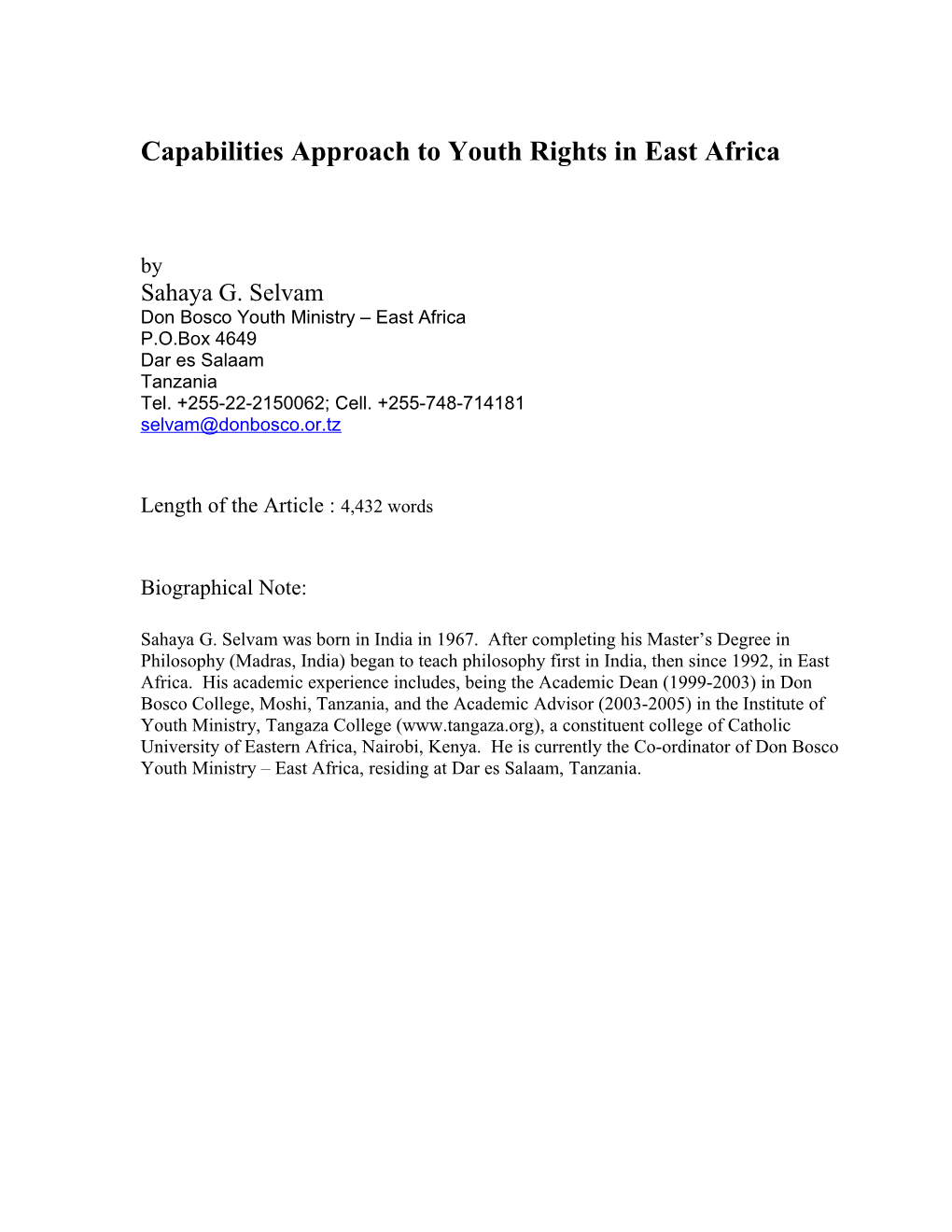 Capabilities Approach to Youth Rights in East Africa