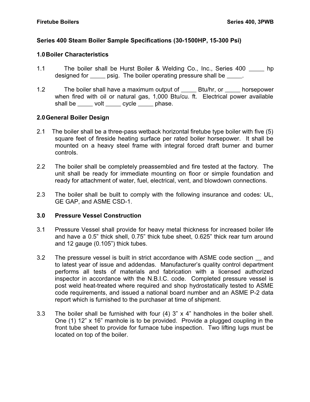 Series 500 High Pressure Steam Boiler Sample Specifications