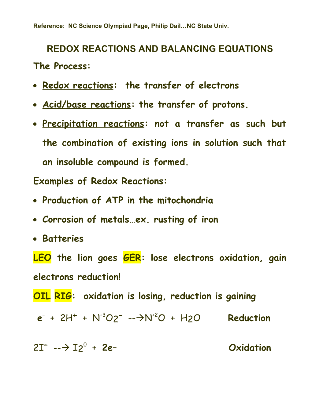 Redox Reactions and Balancing Equations