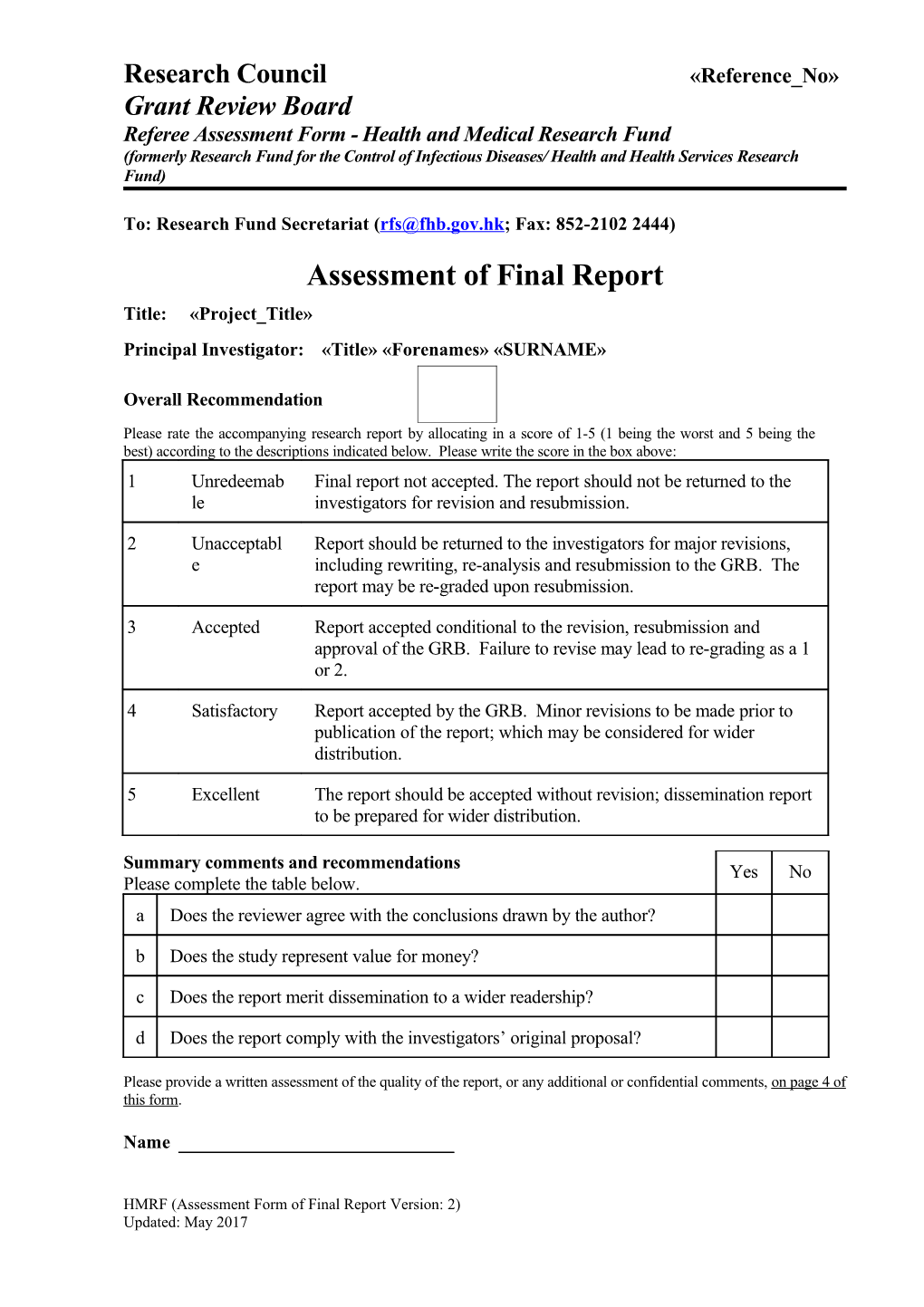 Referee Assessment Form - Health and Medical Research Fund