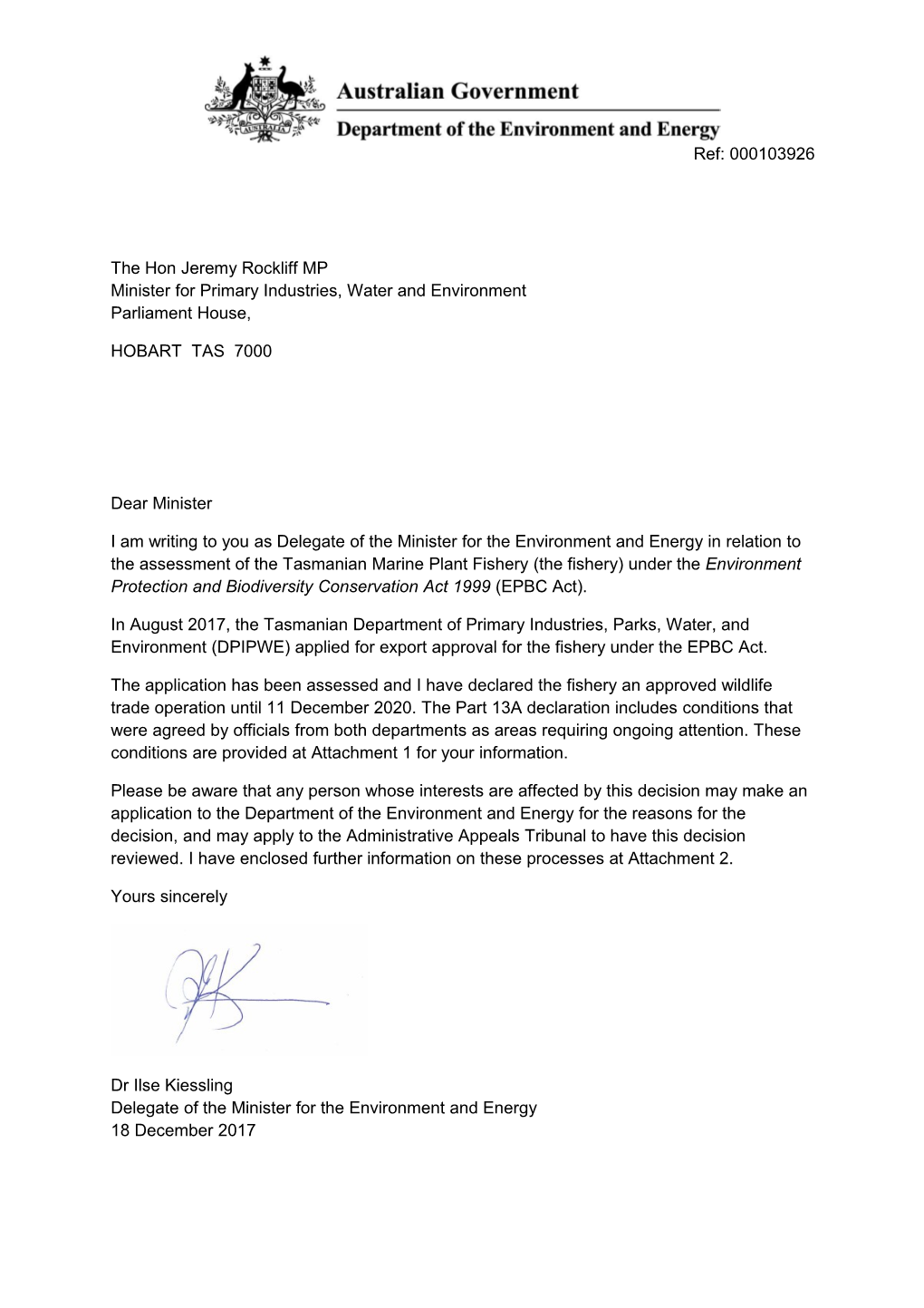 Letter to Hon Jeremy Rockliff MP