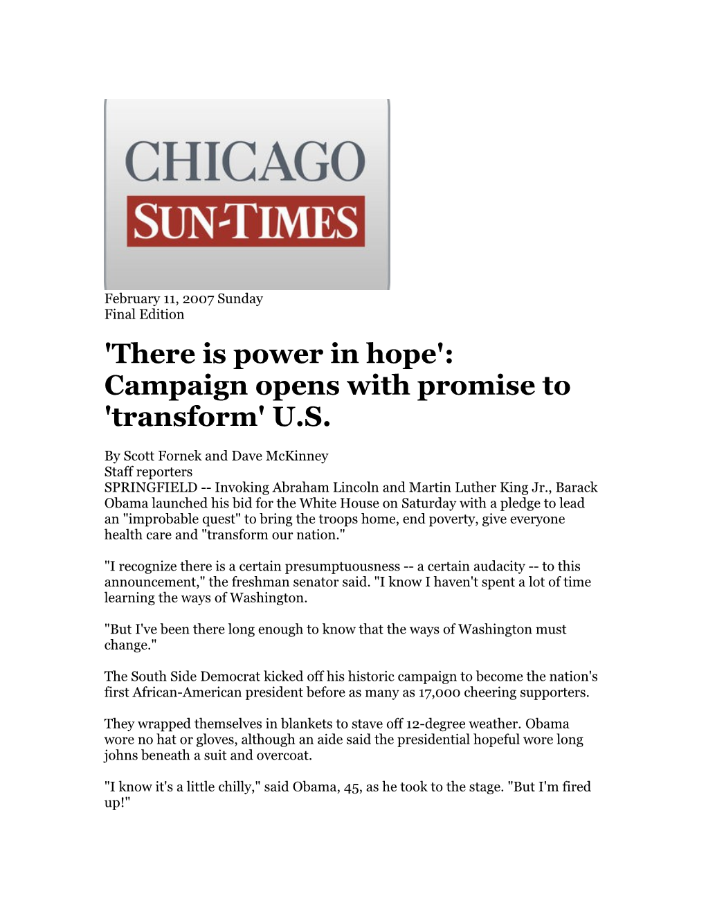 'There Is Power in Hope': Campaign Opens with Promise to 'Transform' U.S