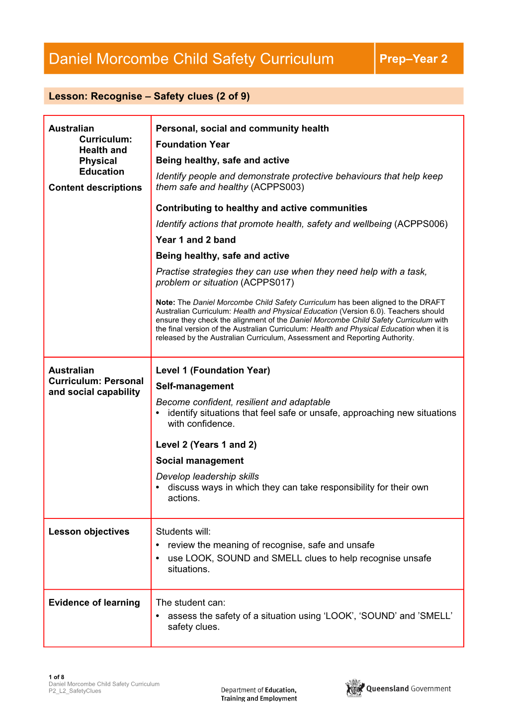 Daniel Morcombe Child Safety Curriculum