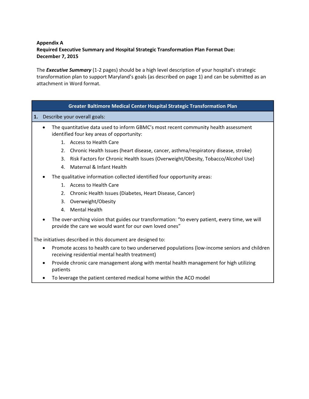 Required Executivesummary Andhospital Strategic Transformationplanformat Due:December7, 2015