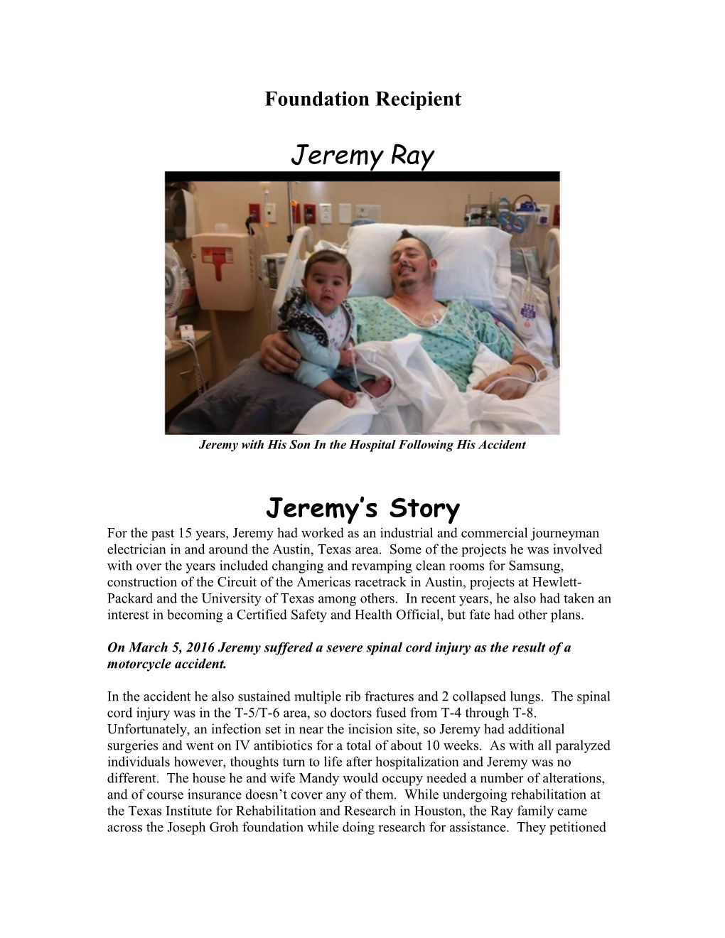 Jeremy with His Son in the Hospital Following His Accident