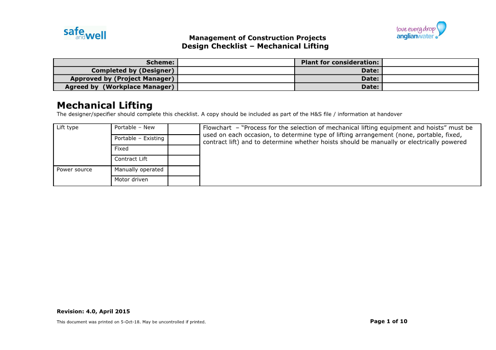 Design Checklist Mechanical Lifting