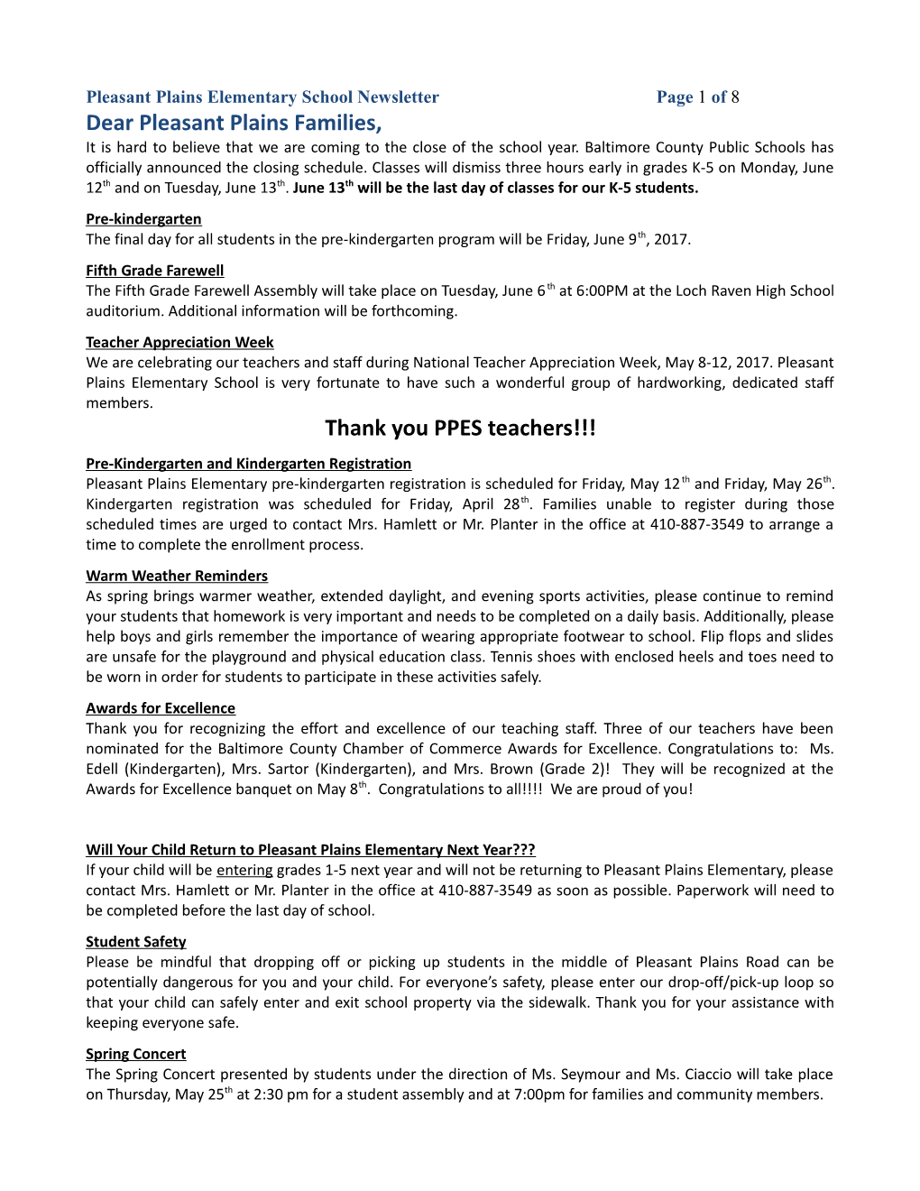 Pleasant Plains Elementary School Newsletter Page 1 of 8