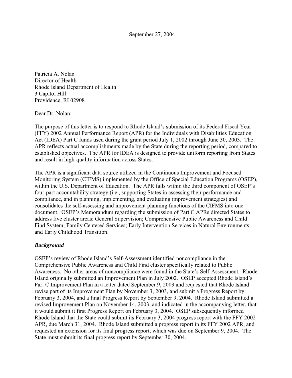 Rhode Island Part C APR Letter, 2002-2003 (MS Word)