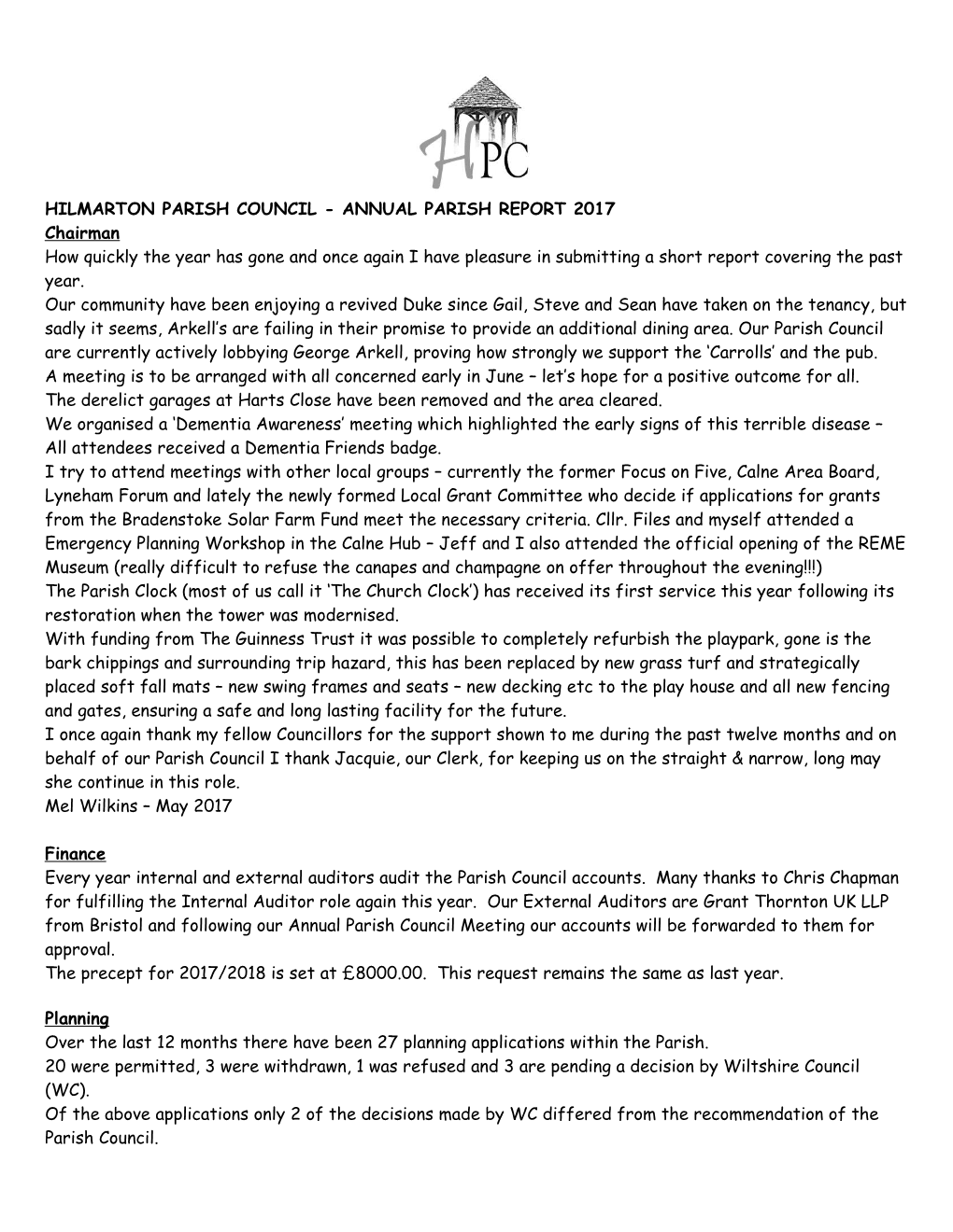 Hilmarton Parish Council - Annual Parish Report 2017