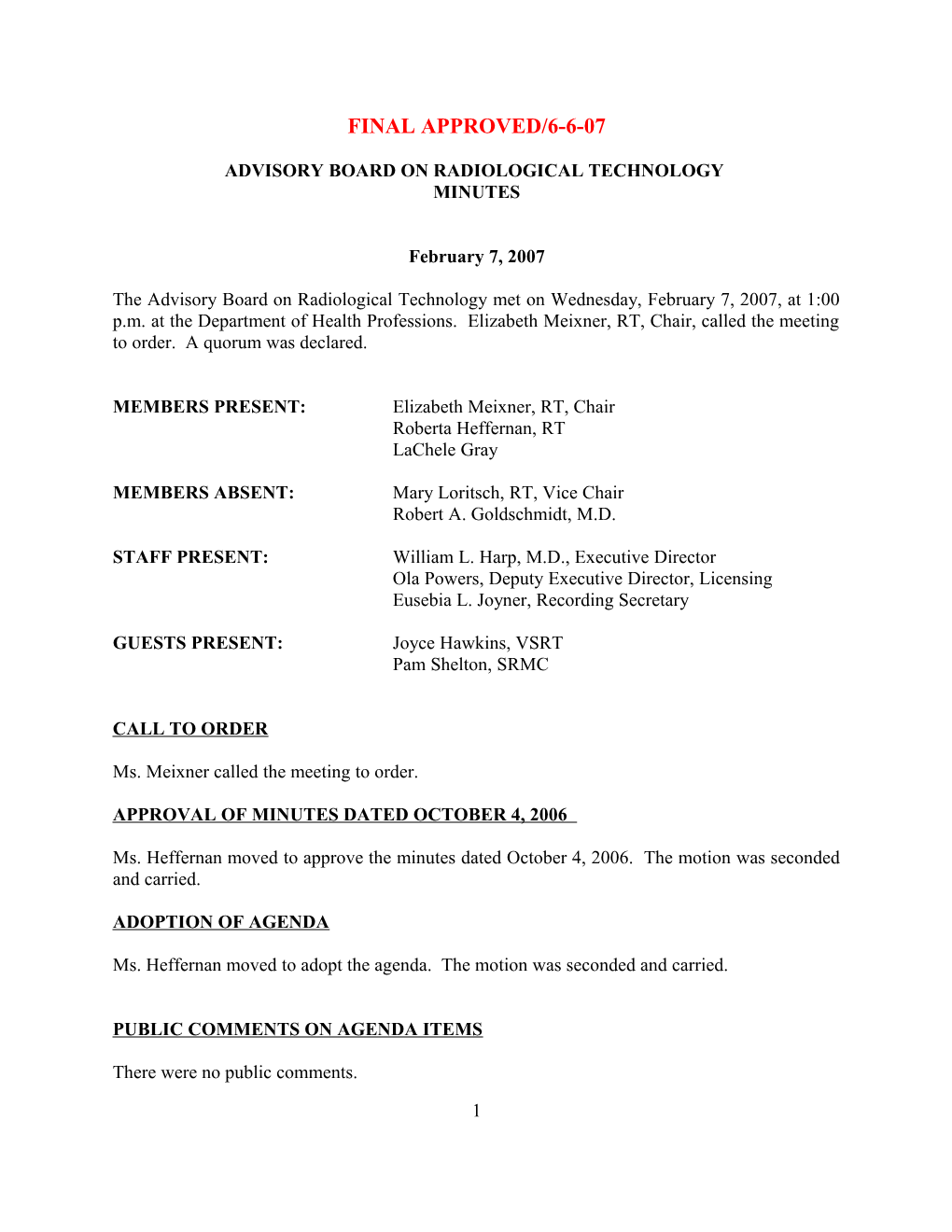Medicine-Advisory Board of Radiological Technology, February 7, 2007 Minutes