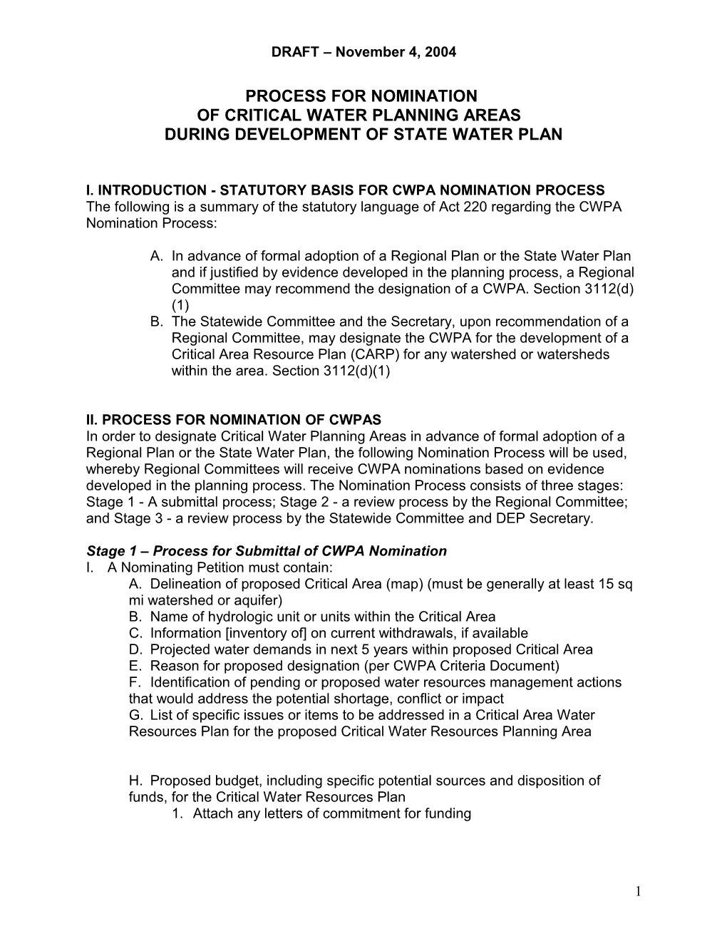 Critical Water Planning Area Nominating Process