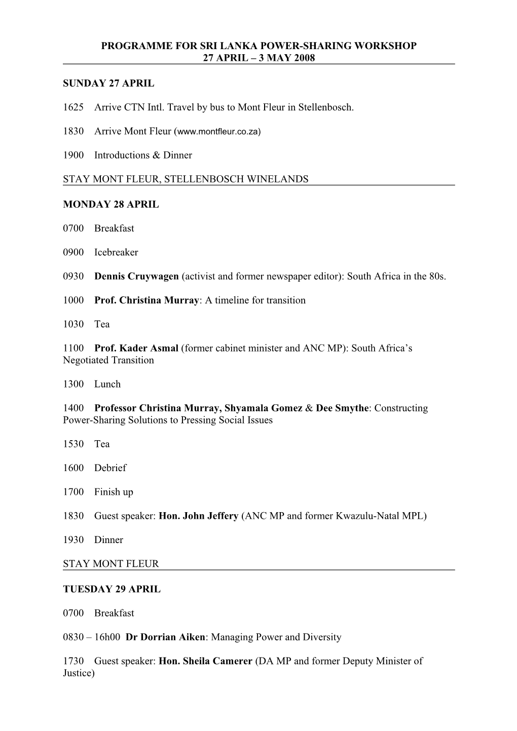 Programme for Sri Lanka Power-Sharing Workshop