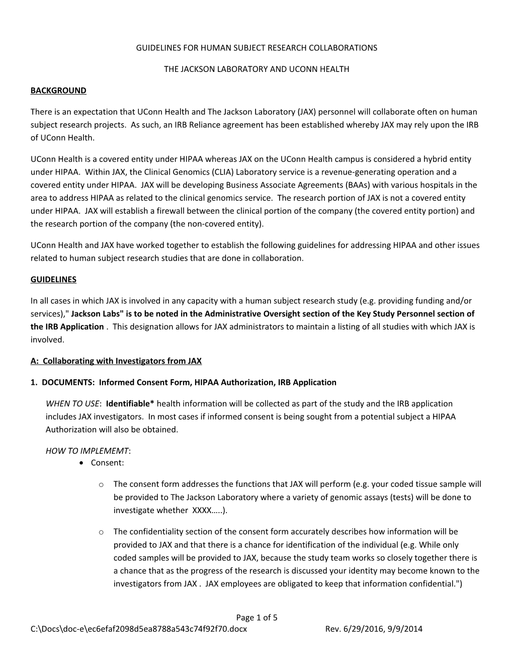 Guidelines for Human Subject Research Collaborations