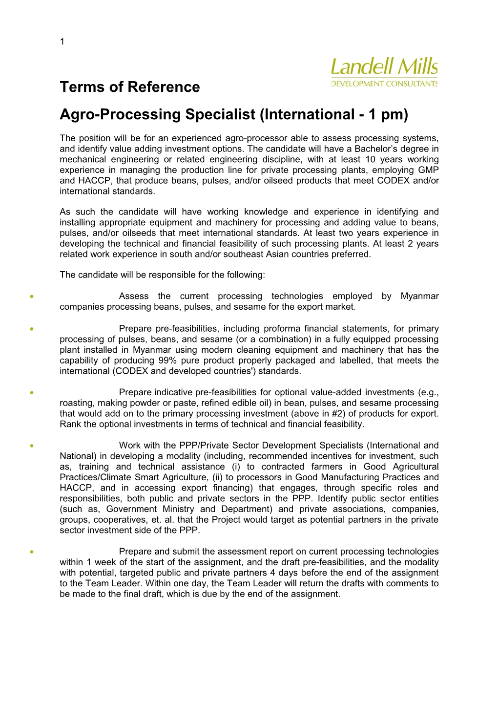 Agro-Processing Specialist (International - 1 Pm)