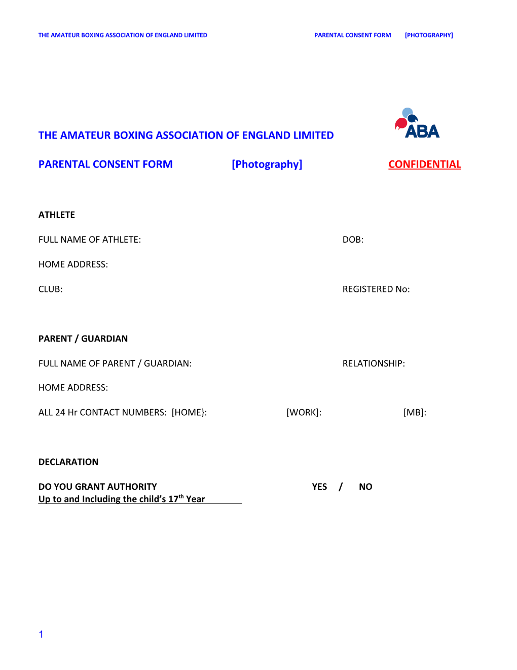 The Amateur Boxing Association of England Limited Parental Consent Form Photography