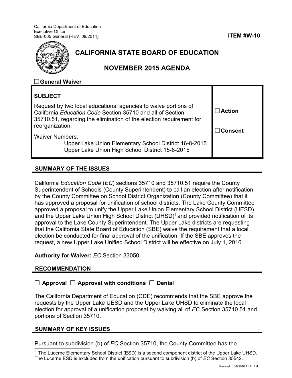 November 2015 Waiver Item W-10 - Meeting Agendas (CA State Board of Education)