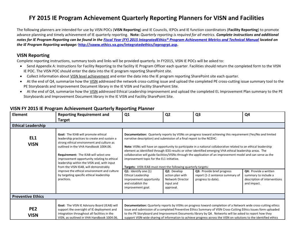 FY 2015 IE Program Achievement Quarterly Reporting Planners for VISN and Facilities