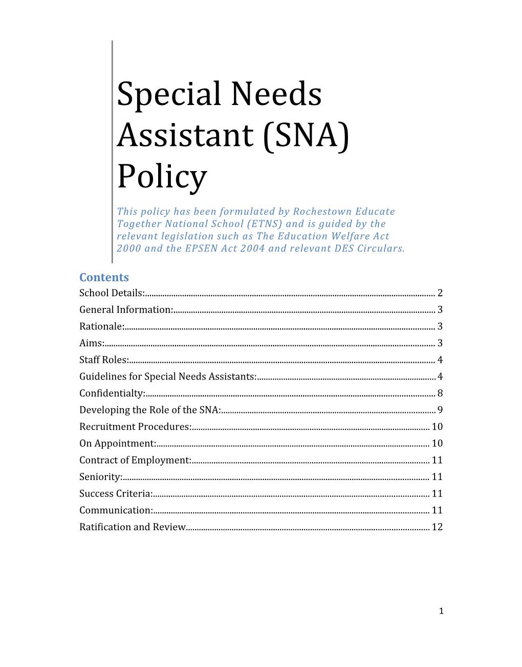 Guidelines for Special Needs Assistants