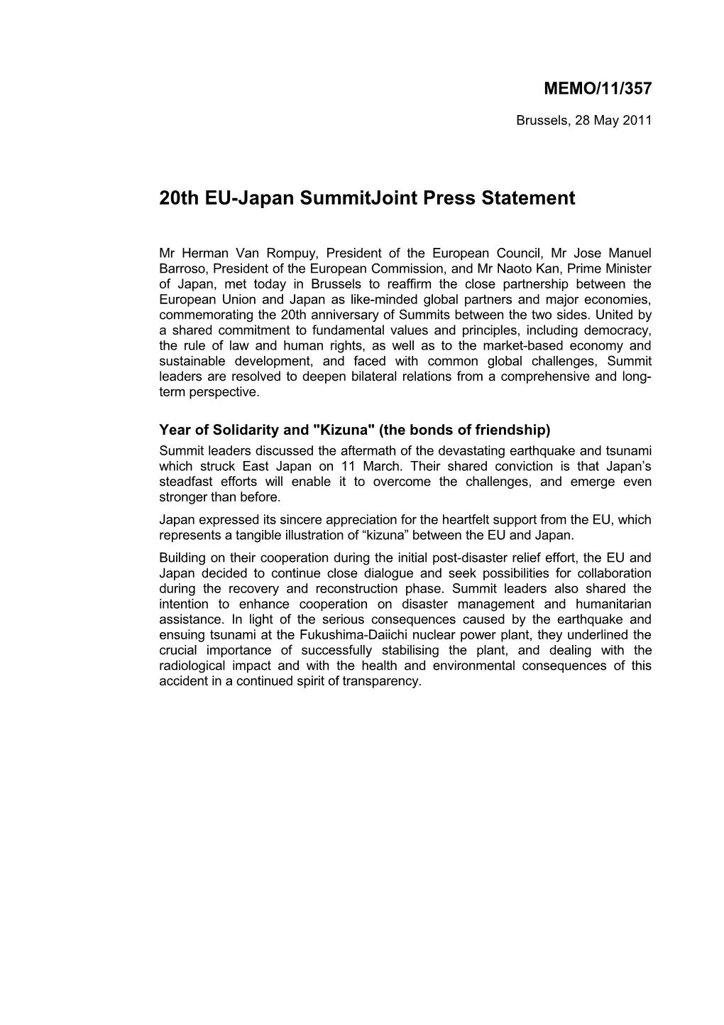 20Th EU-Japan Summitjoint Press Statement