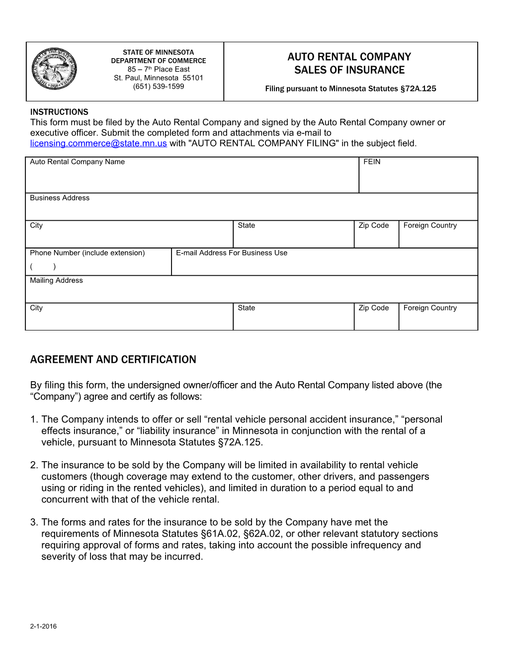 This Form Must Be Filed by the Auto Rental Company and Signed by the Auto Rental Company