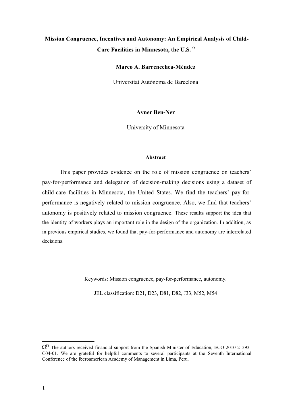 Mission Congruence, Incentives and Autonomy: an Empirical Analysis of Child-Care Facilities