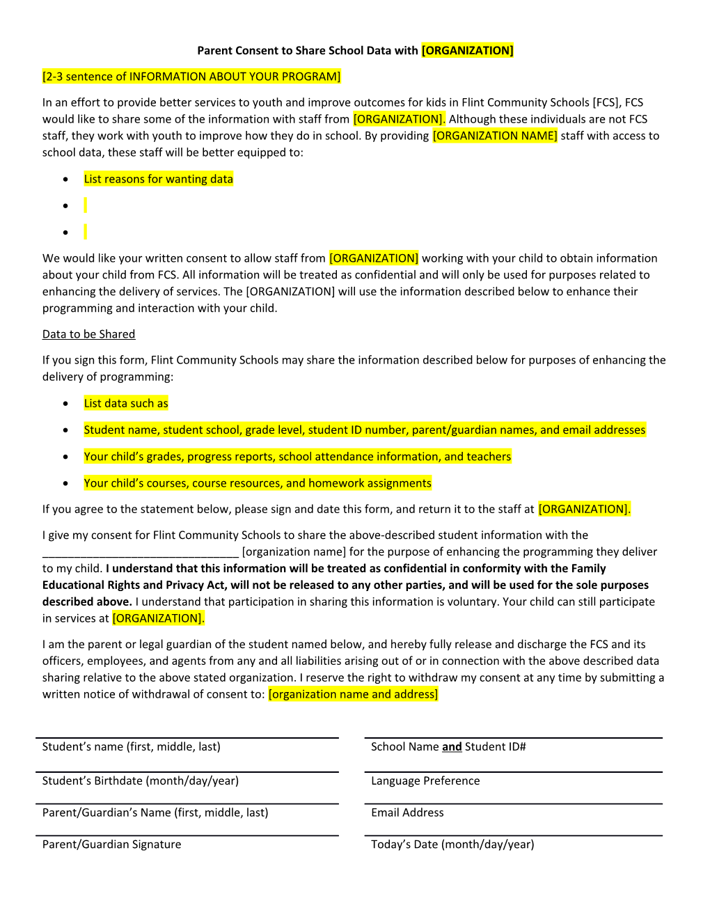 Parent Consent to Share School Data with ORGANIZATION