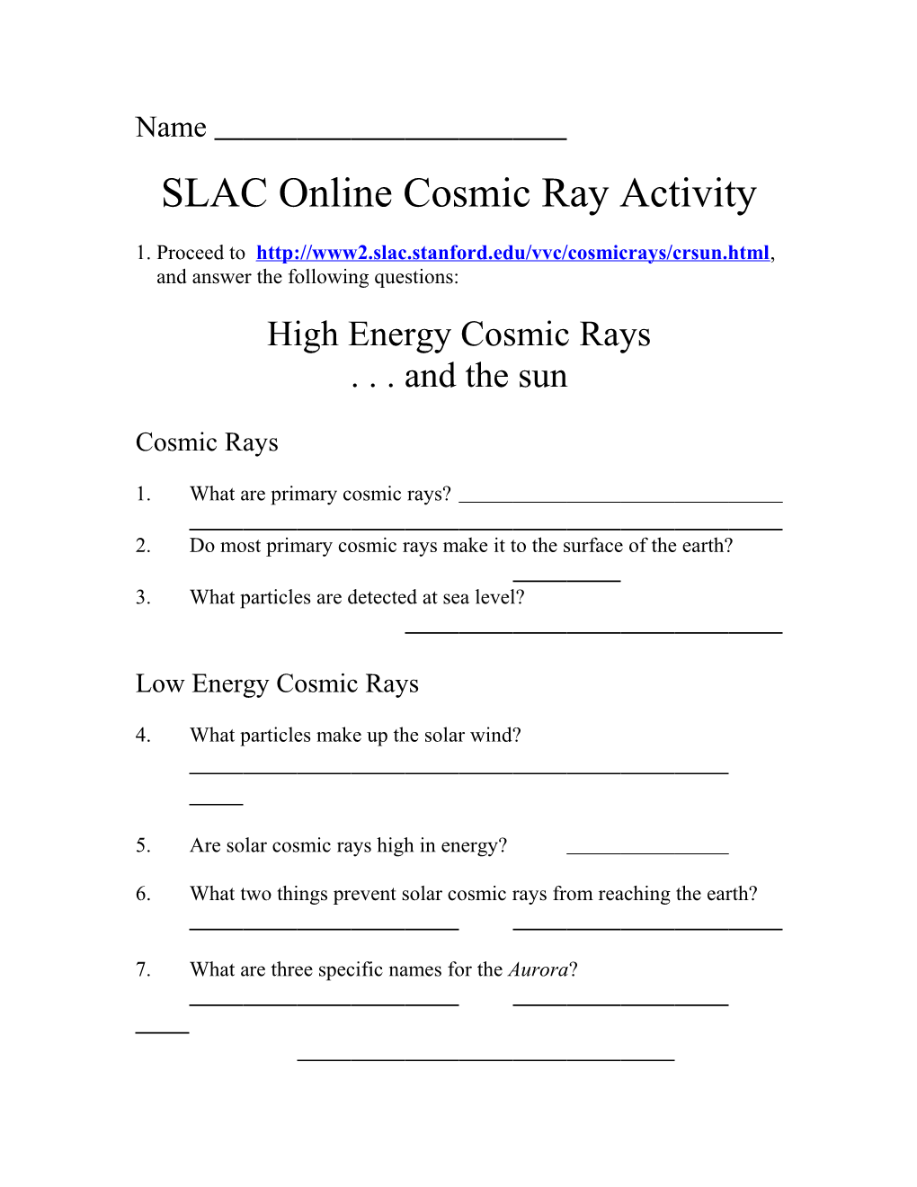 SLAC Online Cosmic Ray Activity